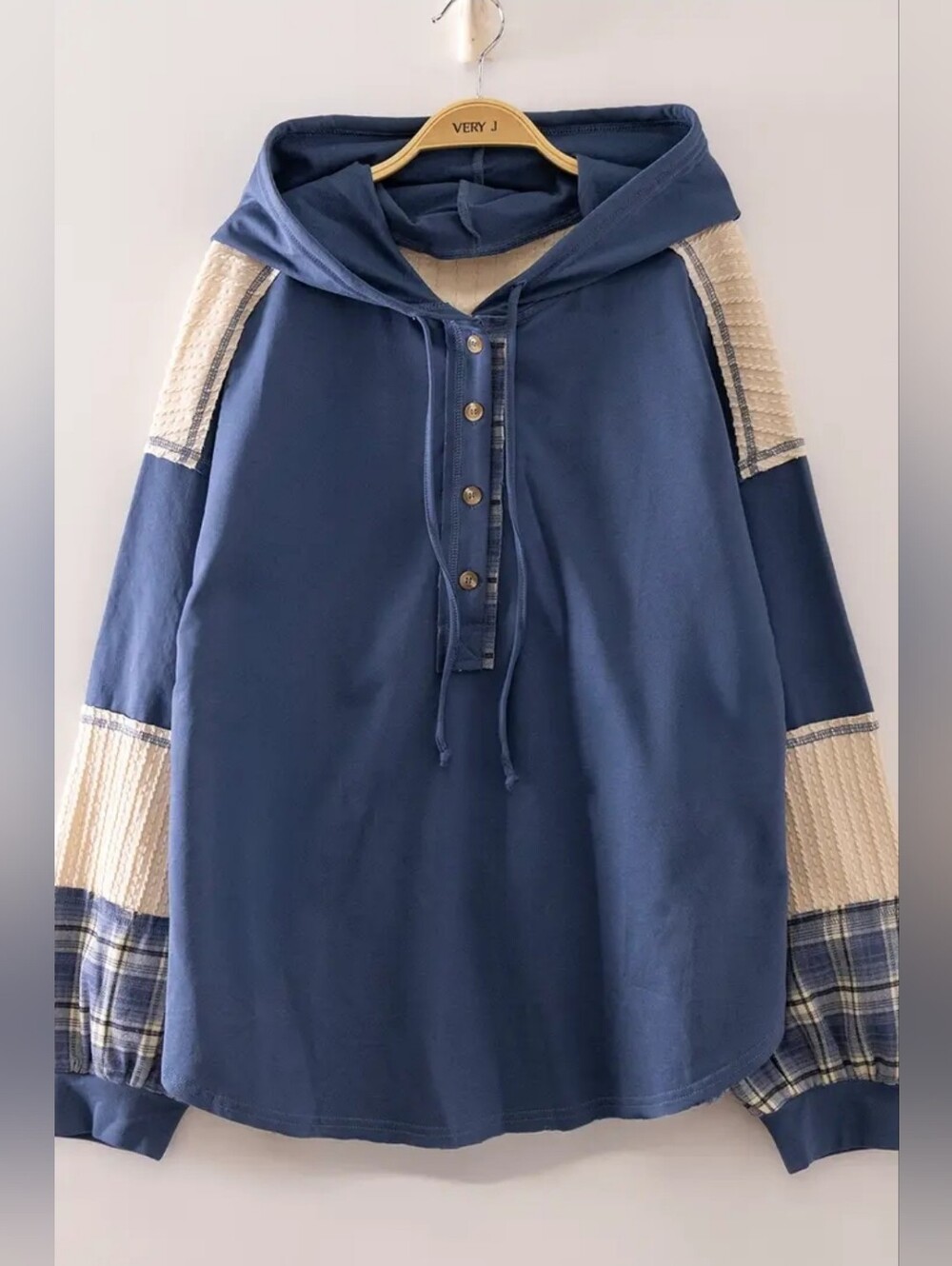 Very J Navy Hooded Pullover with Plaid & Cream Sleeve Accents